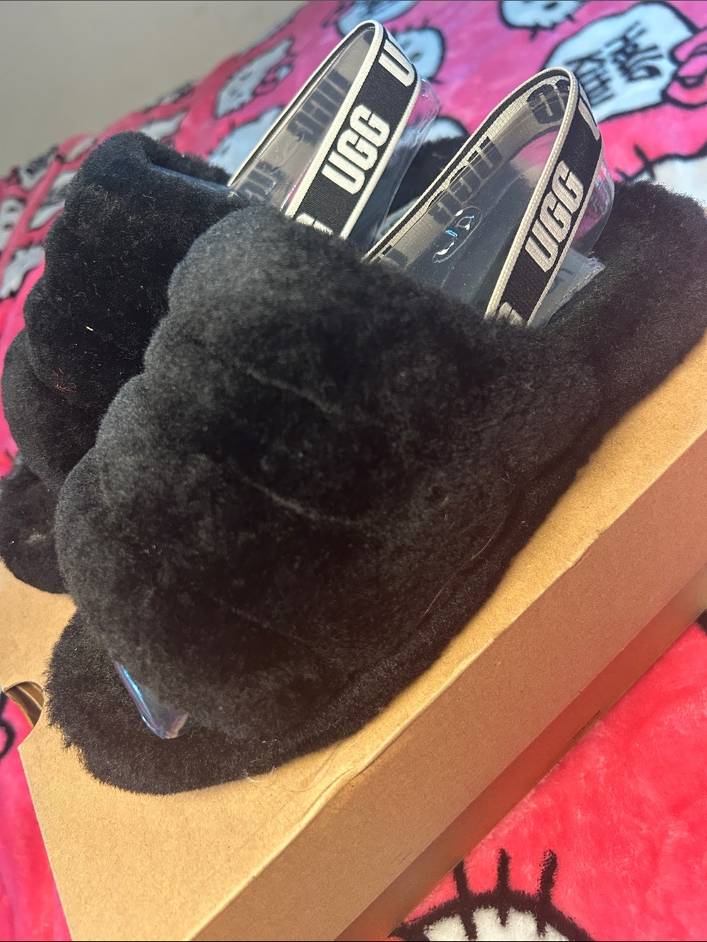 UGG Black Fluff Slide with Branded Elastic Strap